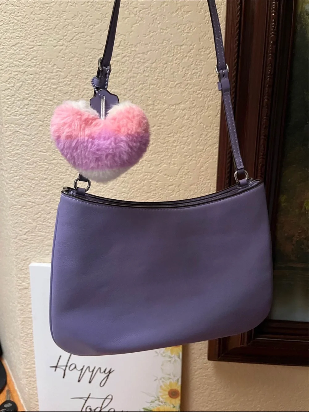 Coach Lavender Leather Crossbody with Heart Pom Charm